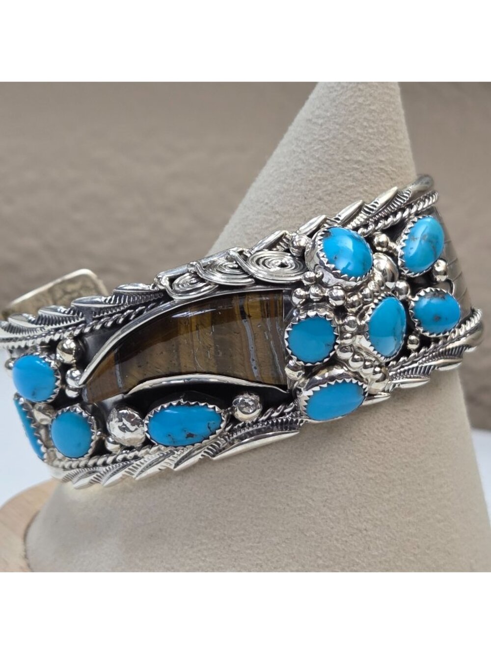 Running Bear Sterling Silver Navajo Cuff Bracelet Kingsman Turquoise & Tiger Eye